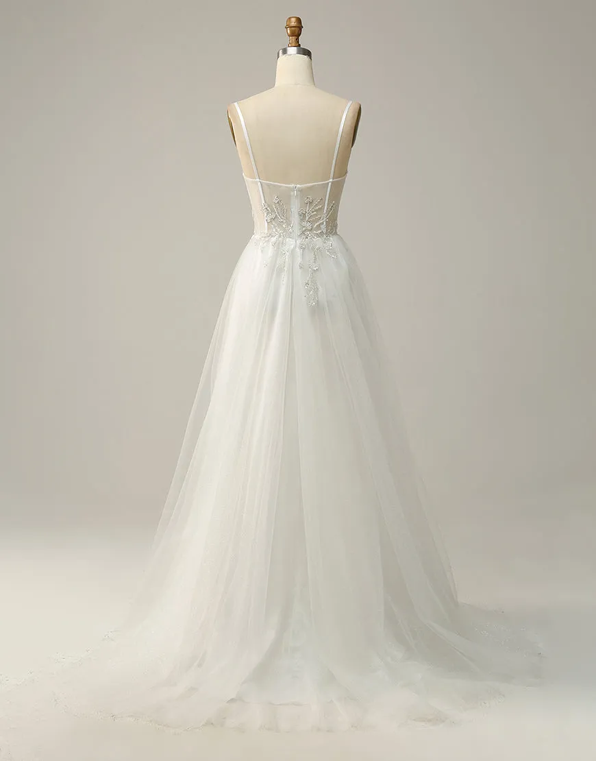 White A-Line Spaghetti Straps Long Prom Dress With Beading