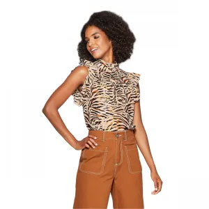 Who What Wear Animal Print Sleeveless Mock Neck Front Button-Down Blouse