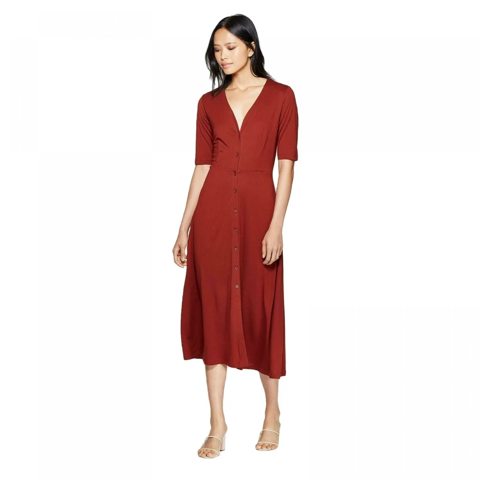 Who What Wear Women's V-Neck Button Front A Line Midi Dress