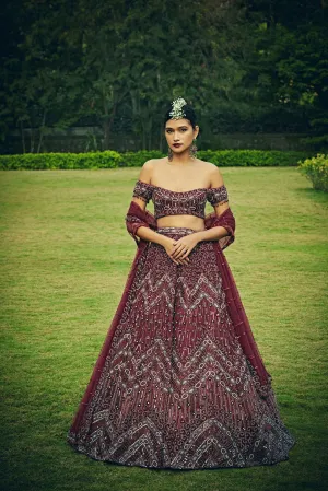 Wine Red Colour Wedding Lehenga