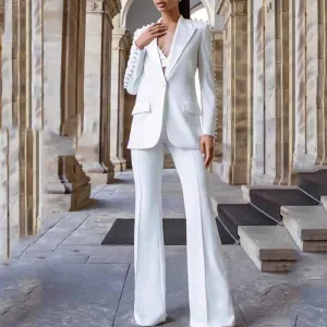 Women White fitted Blazer   Mid-High Rise Flare Trousers Suit Pantsuit