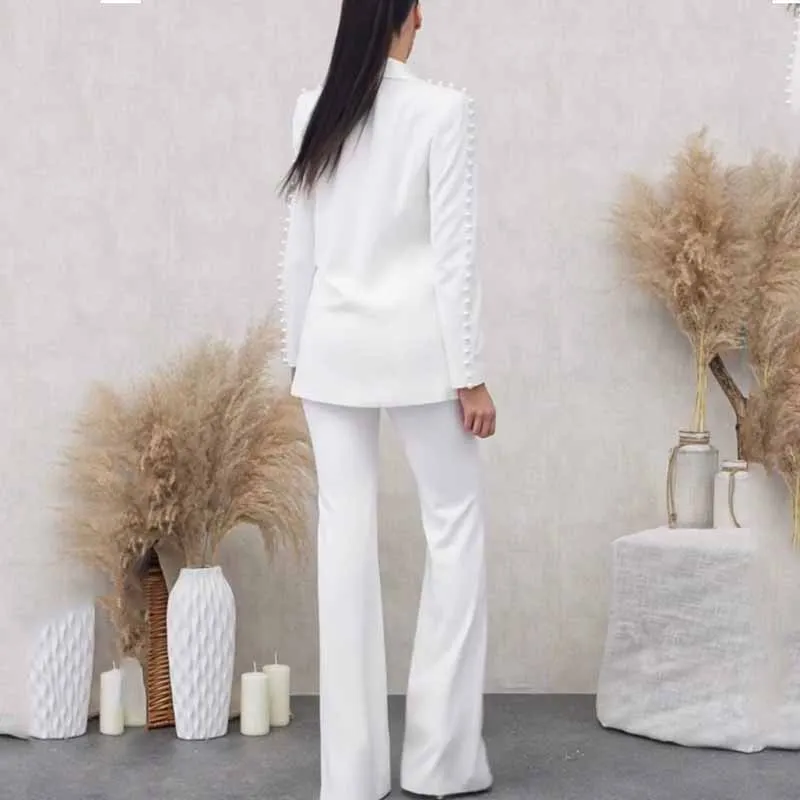 Women White fitted Blazer   Mid-High Rise Flare Trousers Suit Pantsuit