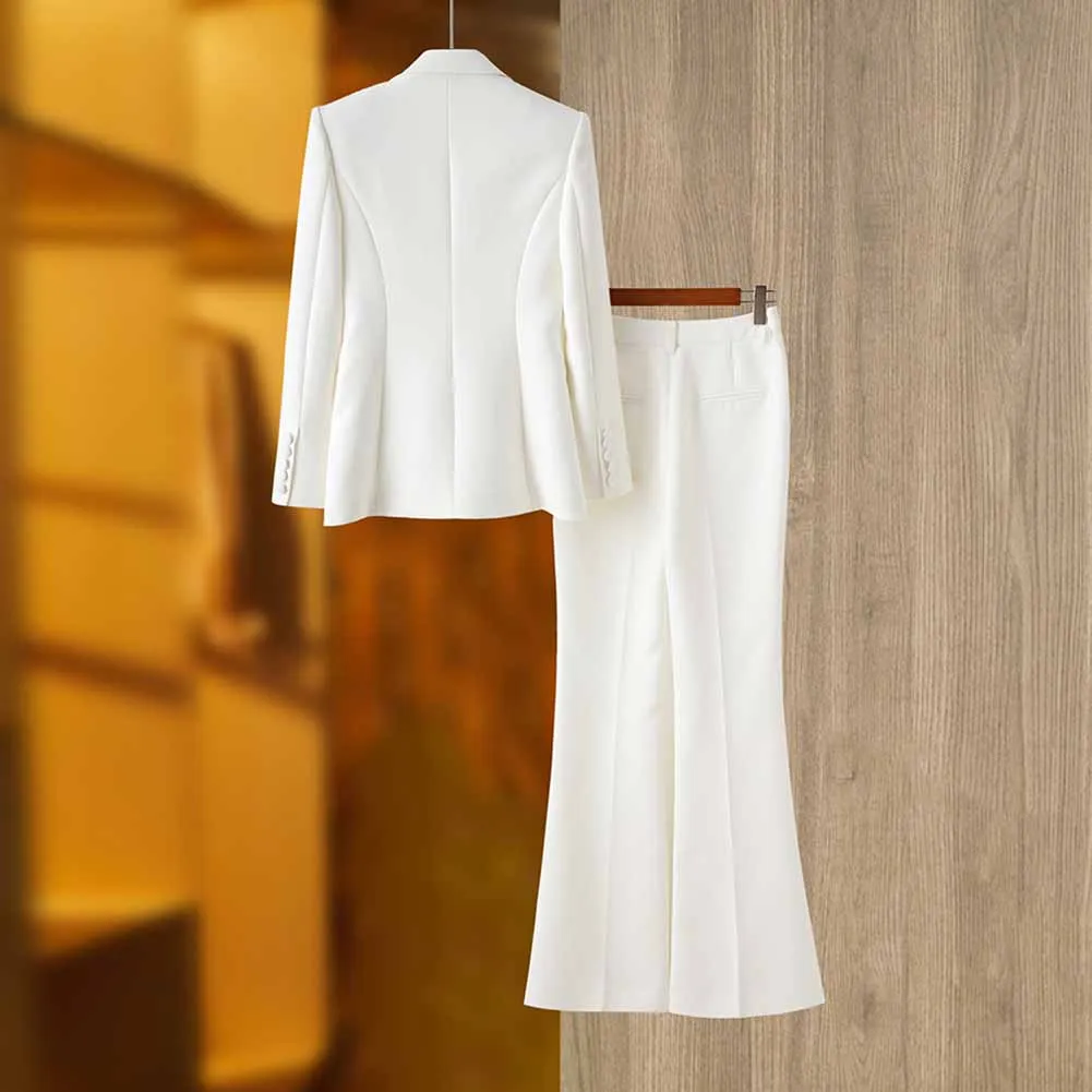 Women White fitted Blazer   Mid-High Rise Flare Trousers Suit Pantsuit