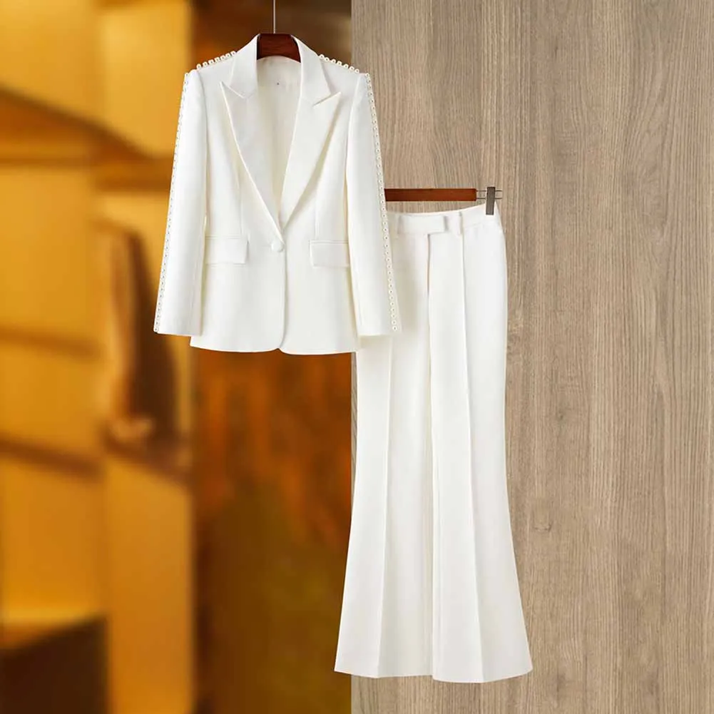 Women White fitted Blazer   Mid-High Rise Flare Trousers Suit Pantsuit