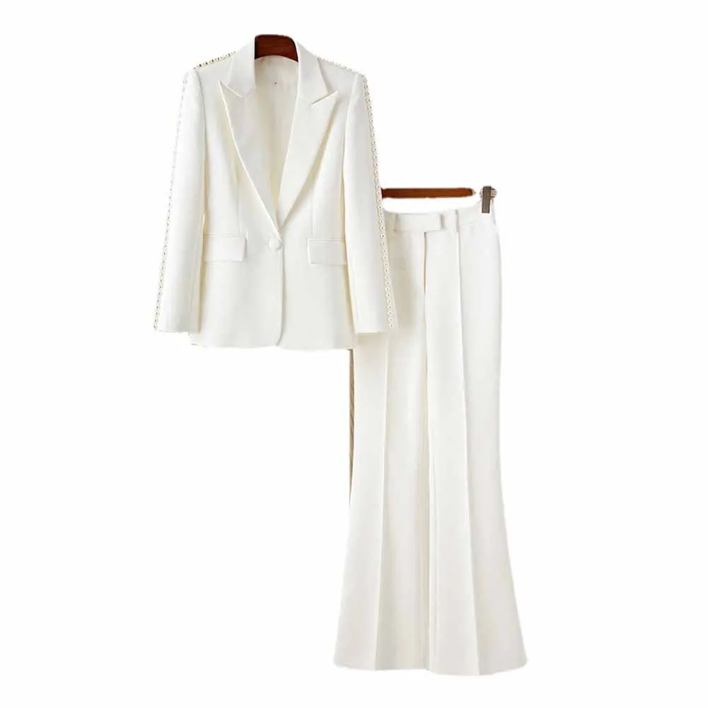 Women White fitted Blazer   Mid-High Rise Flare Trousers Suit Pantsuit
