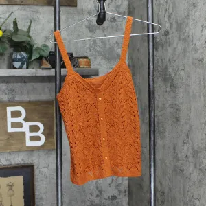 Womens Knit Crochet Button Strap Blouse Shirt Top Rust Orange See Measurements