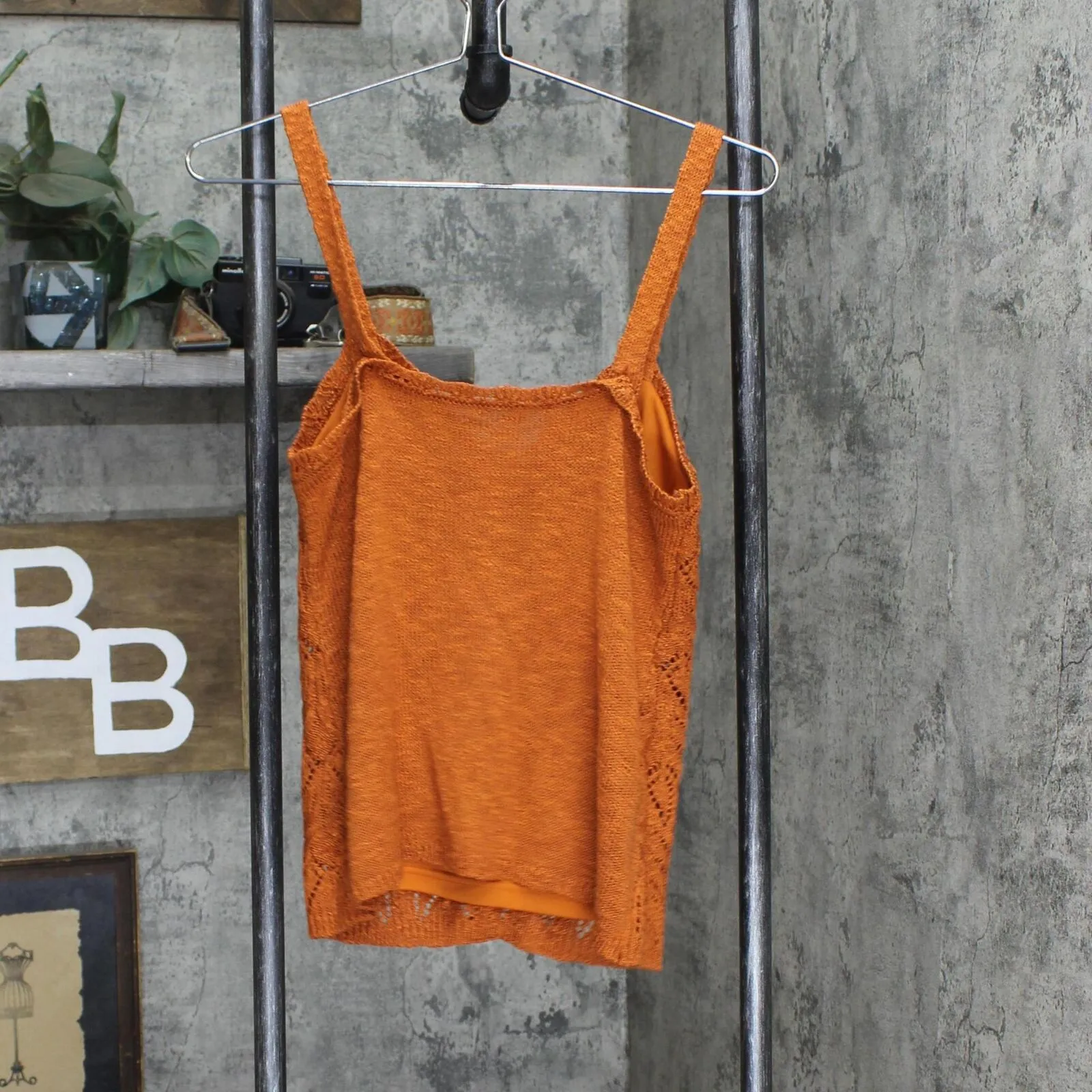 Womens Knit Crochet Button Strap Blouse Shirt Top Rust Orange See Measurements