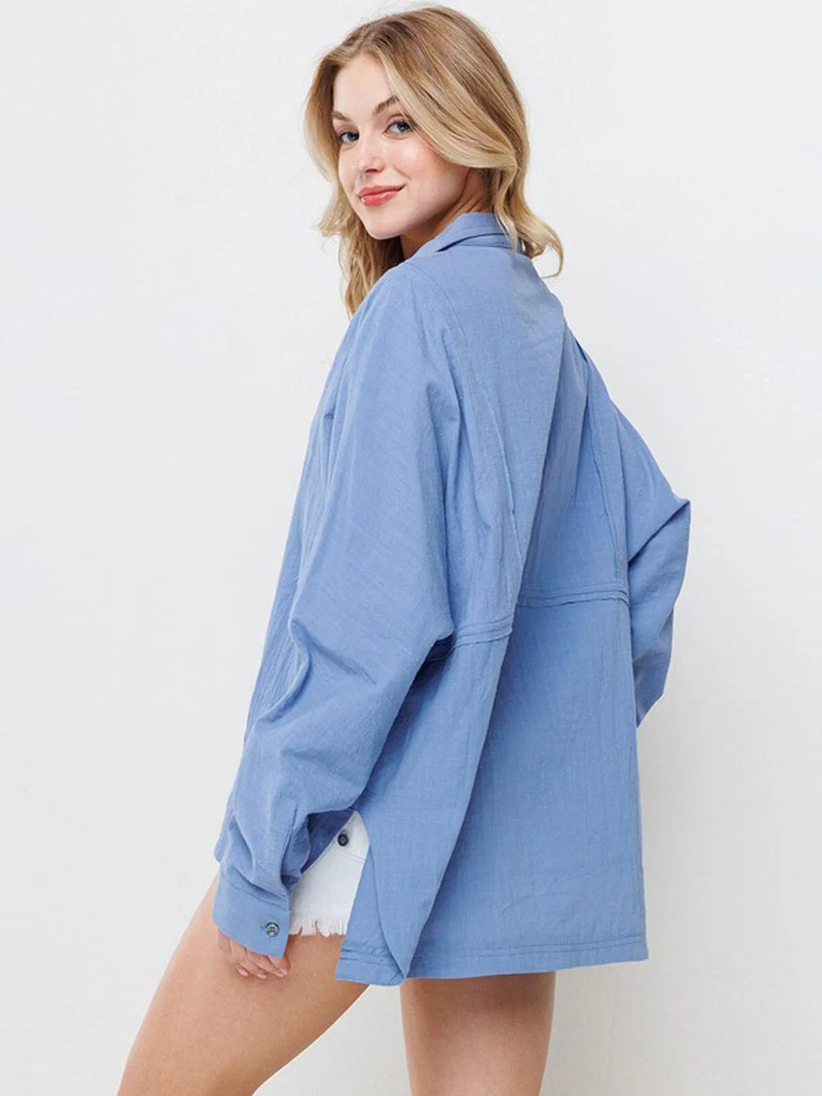 WOMEN'S LONG SLEEVE BUTTON UP OVERSIZED BLOUSE TOP