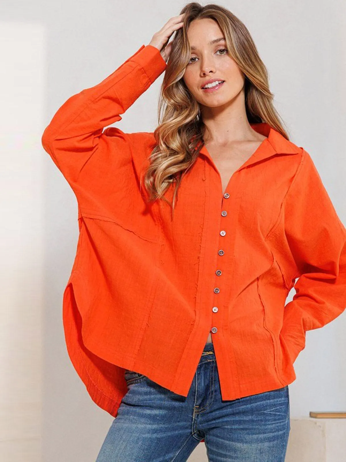 WOMEN'S LONG SLEEVE BUTTON UP OVERSIZED BLOUSE TOP