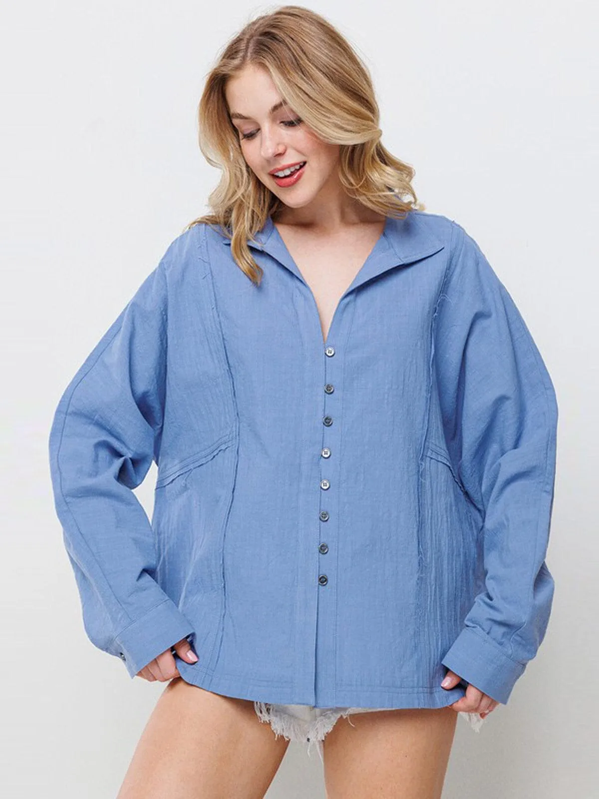 WOMEN'S LONG SLEEVE BUTTON UP OVERSIZED BLOUSE TOP