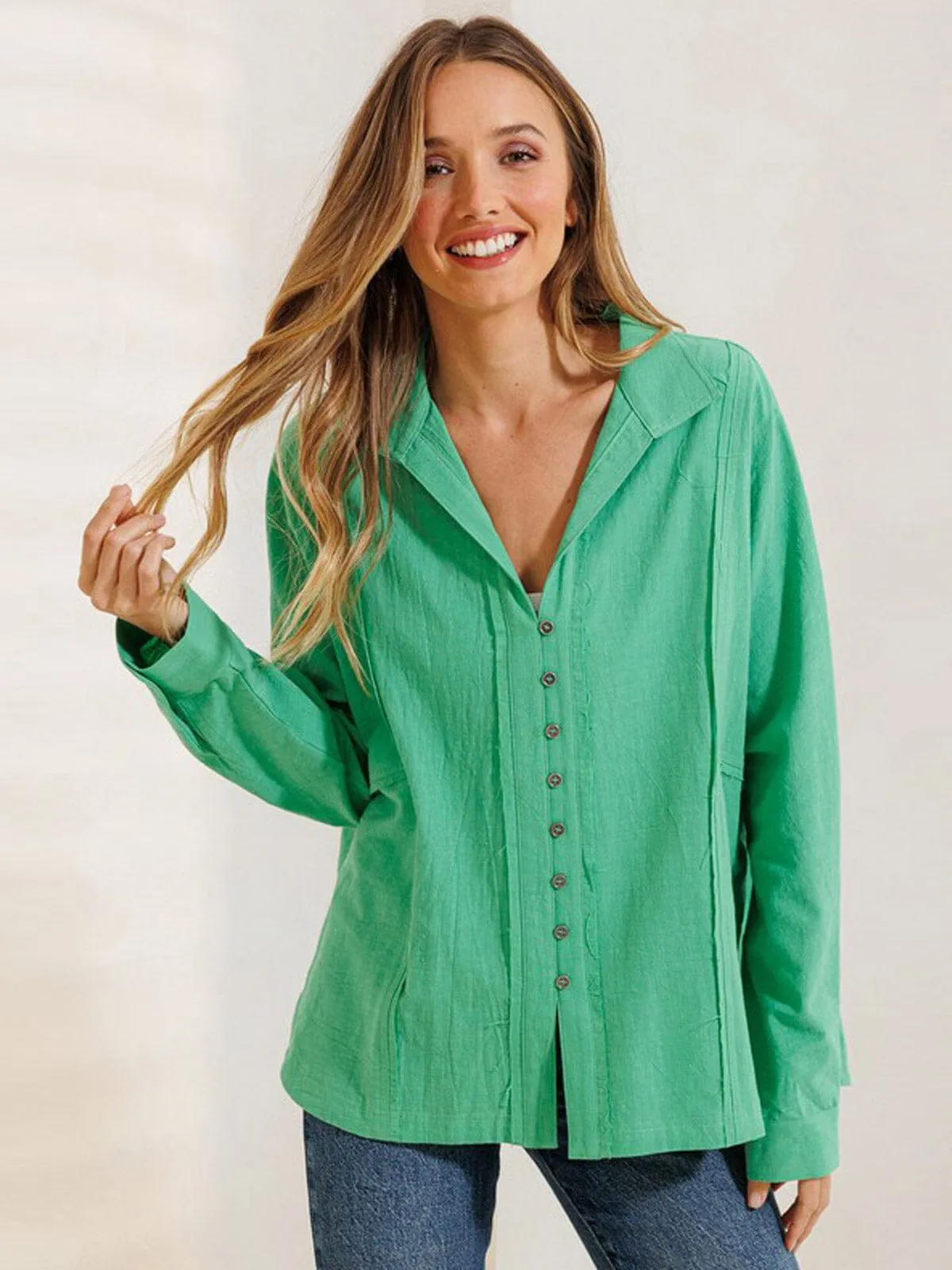 WOMEN'S LONG SLEEVE BUTTON UP OVERSIZED BLOUSE TOP