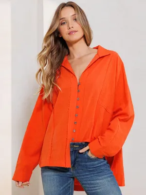 WOMEN'S LONG SLEEVE BUTTON UP OVERSIZED BLOUSE TOP