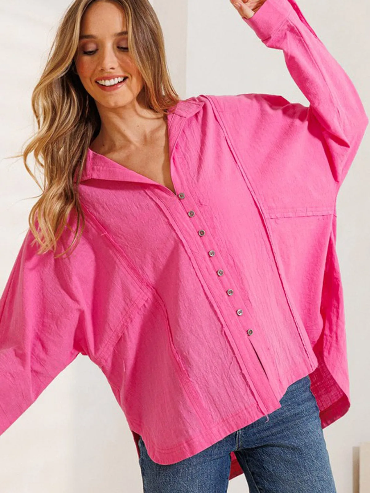 WOMEN'S LONG SLEEVE BUTTON UP OVERSIZED BLOUSE TOP