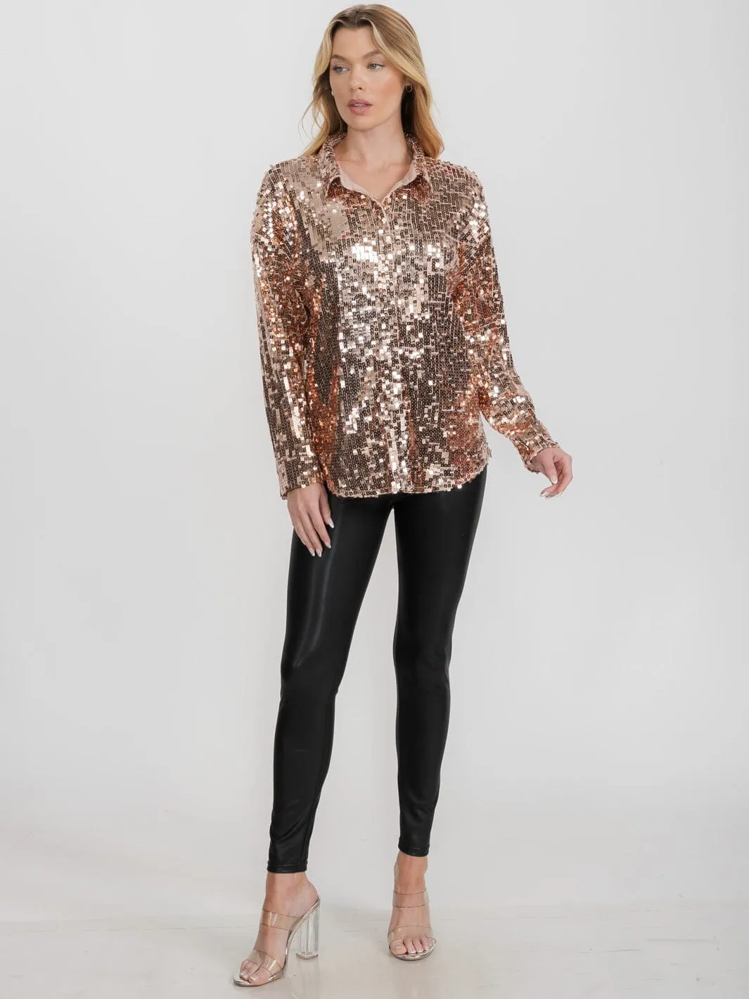 WOMEN'S LONG SLEEVE BUTTON UP SEQUINS TOP