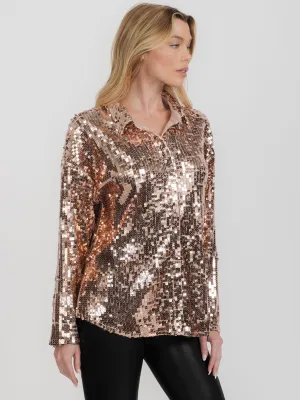 WOMEN'S LONG SLEEVE BUTTON UP SEQUINS TOP