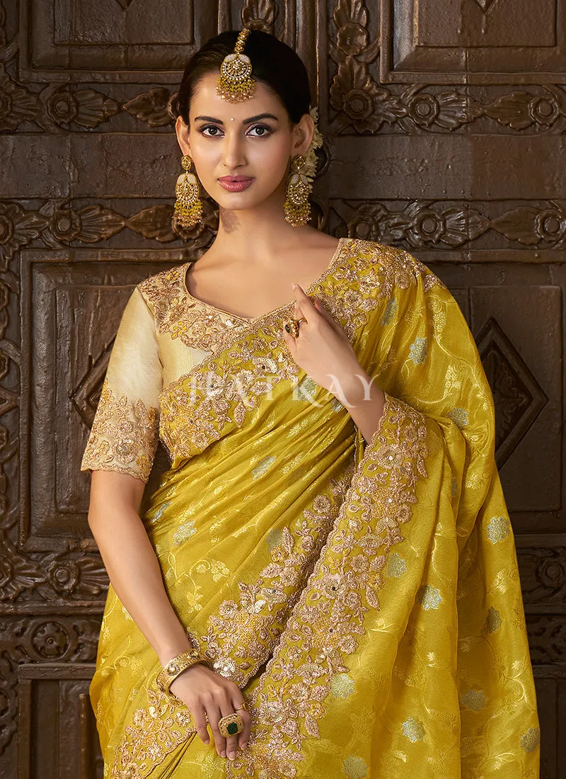 Yellow Golden Multi Embroidery Tissue Silk Saree