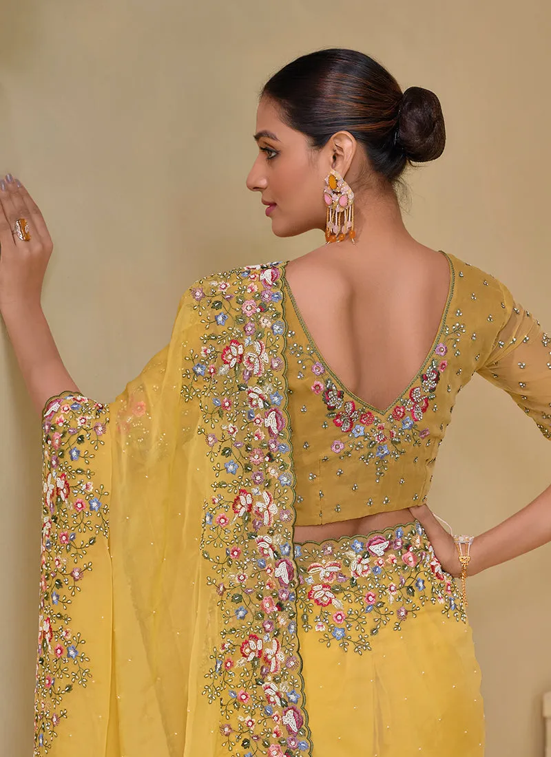 Yellow Multi Embroidery Festive Silk Saree