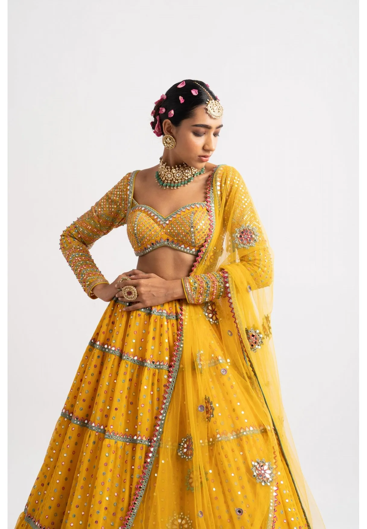 Yellow Multi Tier Multi Color Lehenga Set