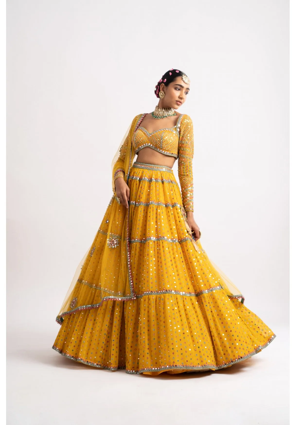 Yellow Multi Tier Multi Color Lehenga Set