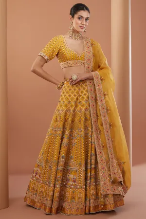 Yellow Raw Silk Hand Embroidered Lehanga Set