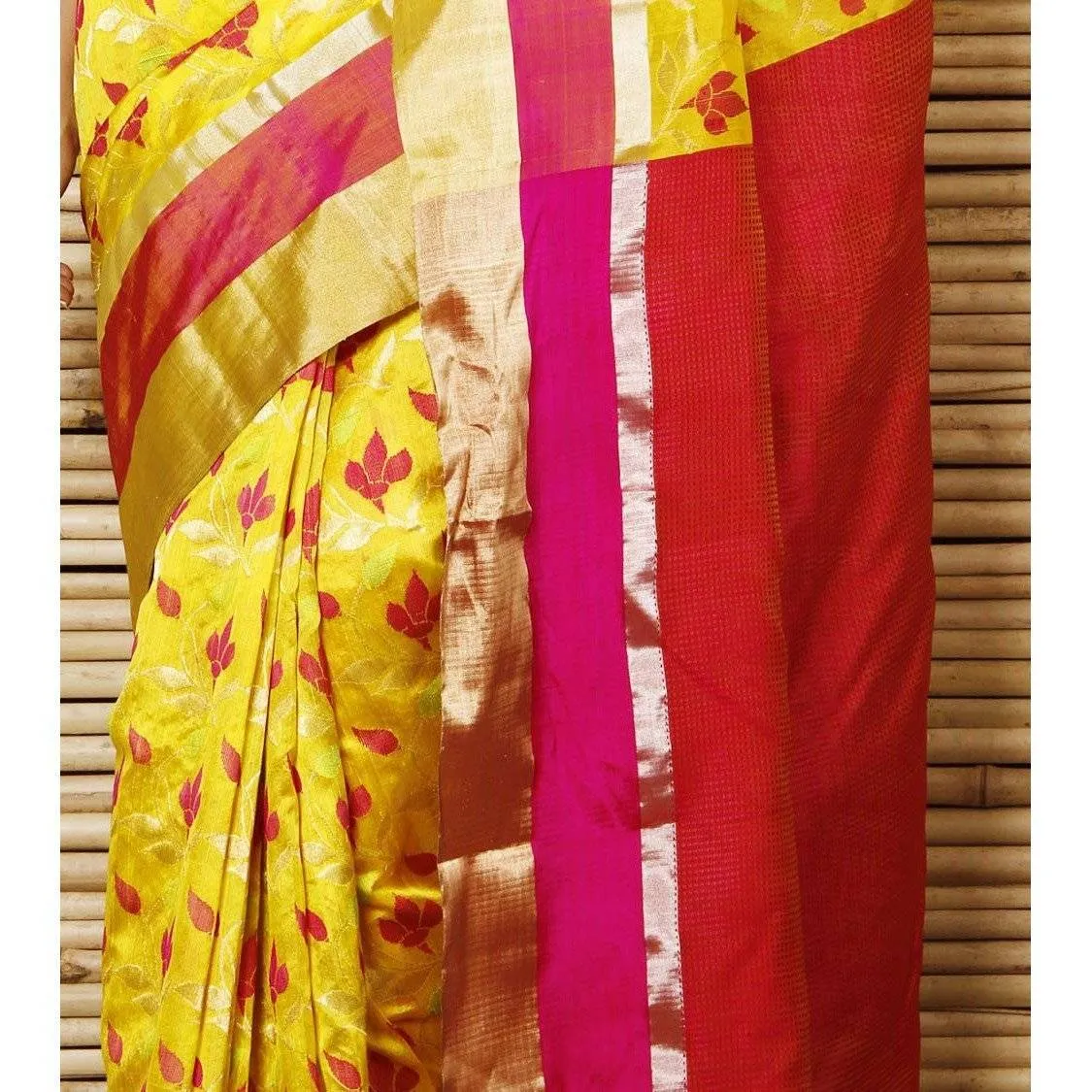 Yellow Silk Phool Meena Jaal Chanderi Saree