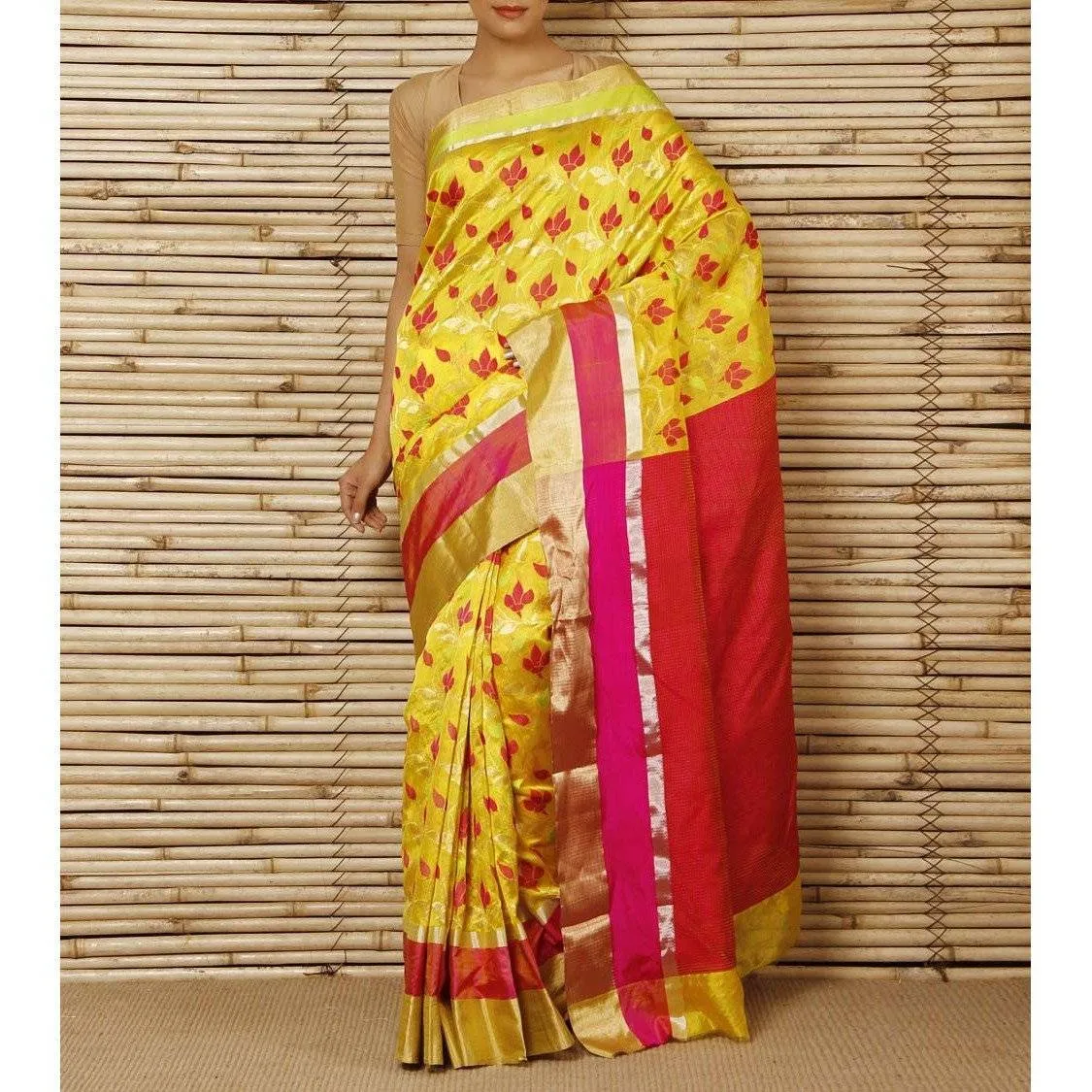 Yellow Silk Phool Meena Jaal Chanderi Saree