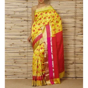 Yellow Silk Phool Meena Jaal Chanderi Saree