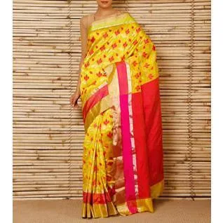 Yellow Silk Phool Meena Jaal Chanderi Saree